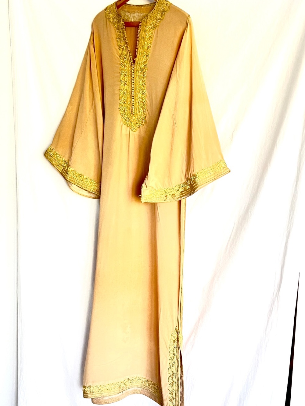 Vintage Silk Moroccan Kaftan Gold Embroidered Boho Resort Maxi Gown YSL Era